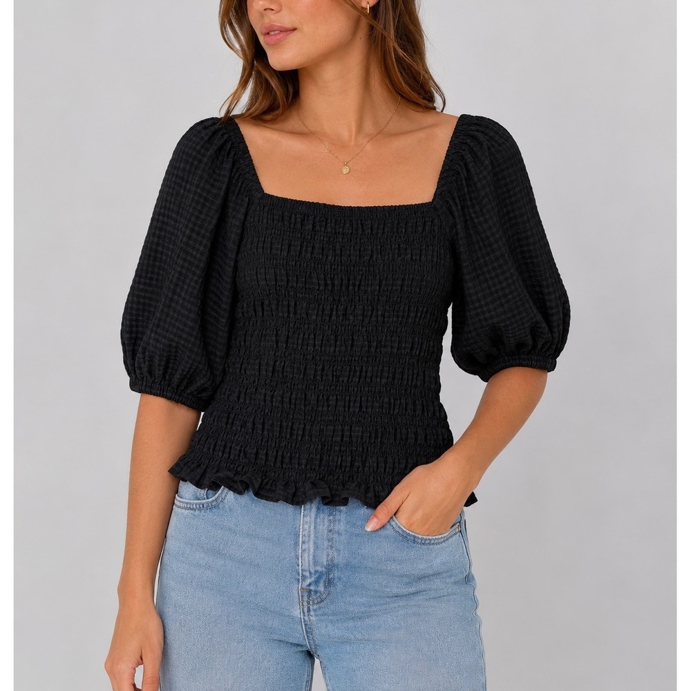 Old Navy Smocked Puff Sleeve Top Womens M Black Gingham Blouse Cottagecore Boho